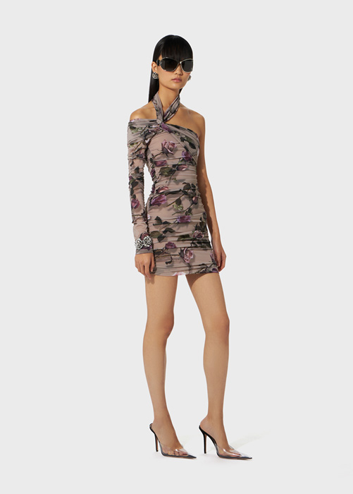 SHORT ONE-SHOULDER JERSEY DRESS WITH TORCHON ROSE PRINT