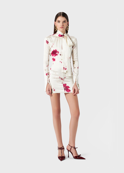 ROSES PRINT SILK SATIN DRESS