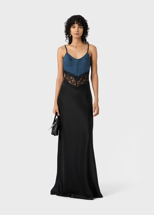 SATIN LONG DRESS WITH DENIM AND LACE INSERTS