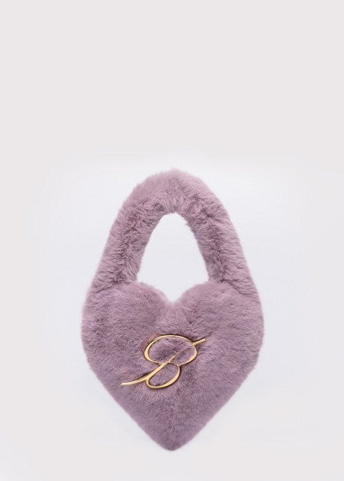 FAUX FUR HEART BAG WITH MONOGRAM B PIN 