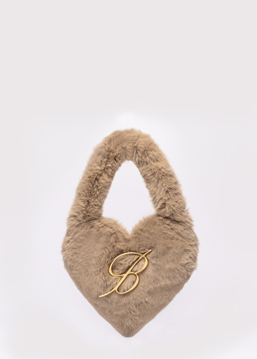 FAUX FUR HEART BAG WITH MONOGRAM B PIN