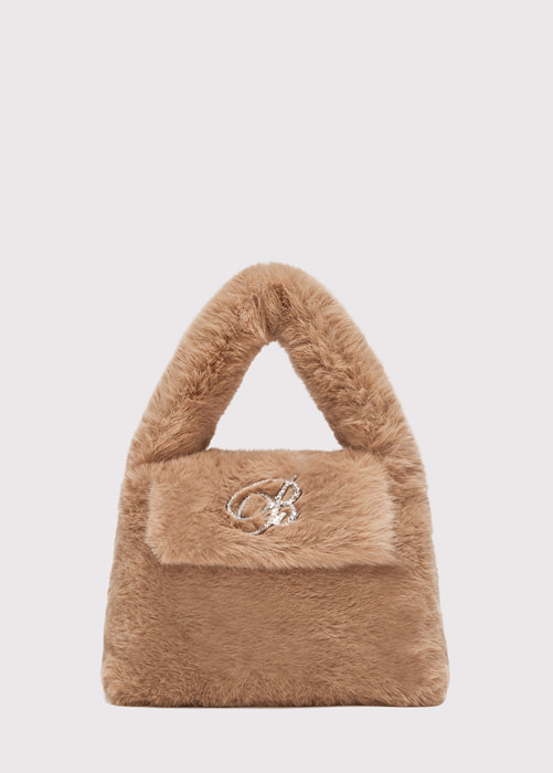 FAUX FUR HANDBAG WITH RHINESTONE MONOGRAM B BROOCH