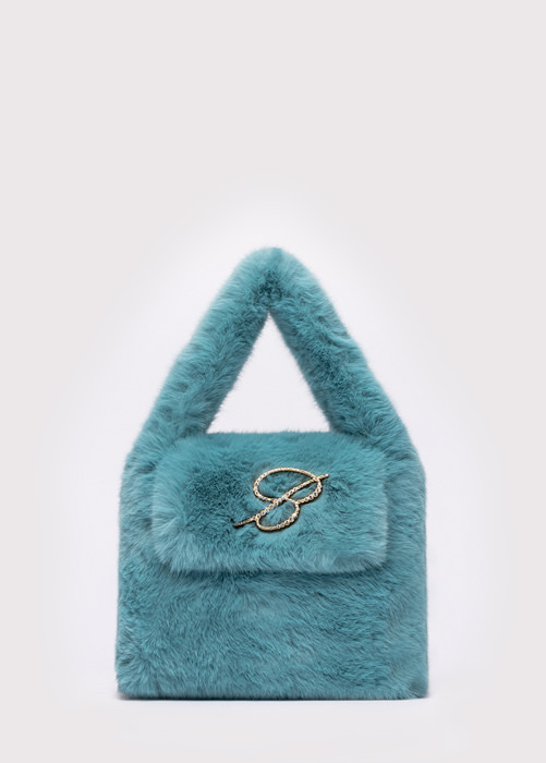 FAUX FUR HANDBAG WITH RHINESTONE MONOGRAM B BROOCH