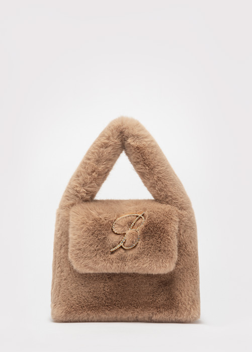 FAUX FUR HANDBAG WITH RHINESTONE MONOGRAM B BROOCH