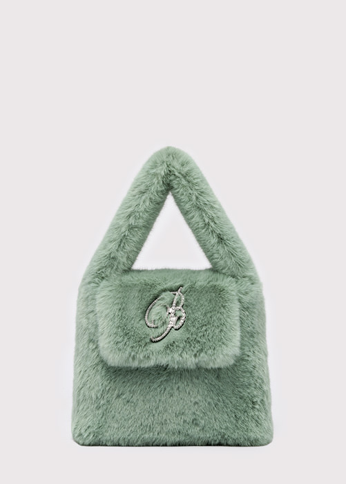 FAUX FUR HANDBAG WITH RHINESTONE MONOGRAM B BROOCH