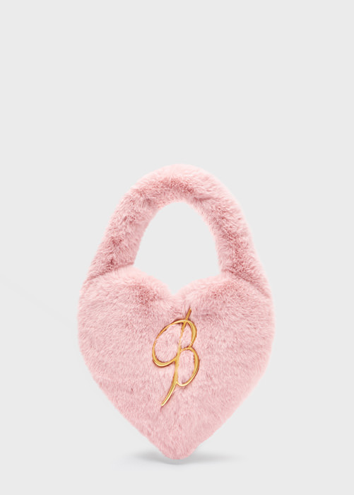 Faux fur heart-shaped bag with rhinestone B monogram pin