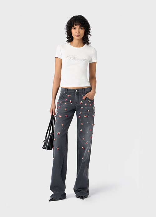 JEANS WIDE LEG MIT ROSENSTICKEREI