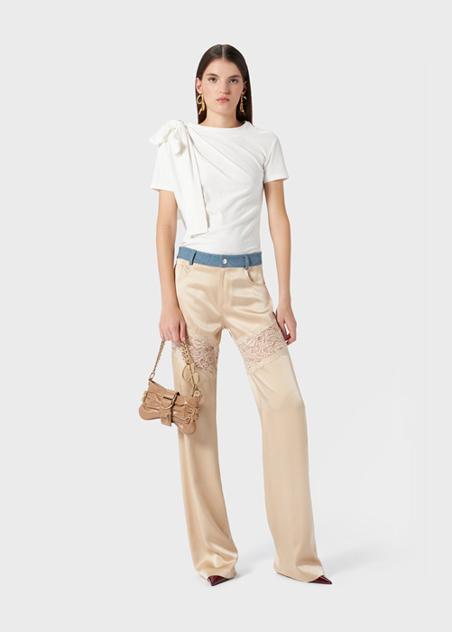 SATIN PANTS WITH DENIM AND LACE INSERTS