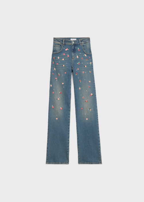 JEANS WIDE LEG MIT ROSENSTICKEREI