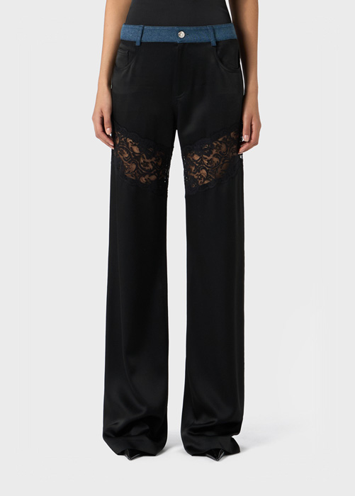 SATIN PANTS WITH DENIM AND LACE INSERTS