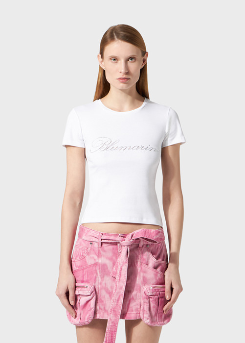 T-shirt con ricamo logo Blumarine in strass