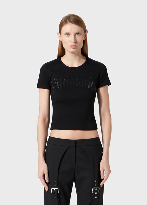 Ribbed T-shirt with Blumarine logo in rhinestones