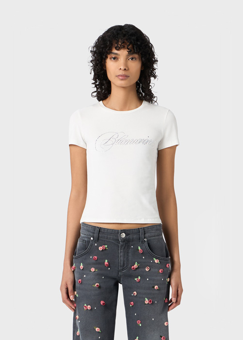 T-SHIRT CON RICAMO BLUMARINE IN STRASS